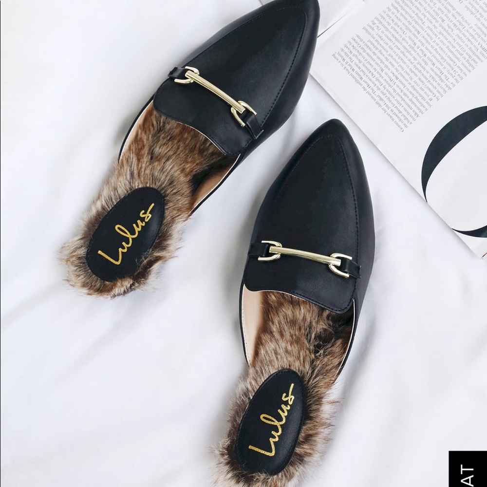 Black Faux Fur Loafer Slides